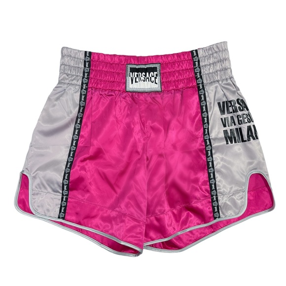 VERSACE Pink and Silver Unisex Boxing Shorts NWT shiny leg slit cute rare Maitai - Picture 4 of 13